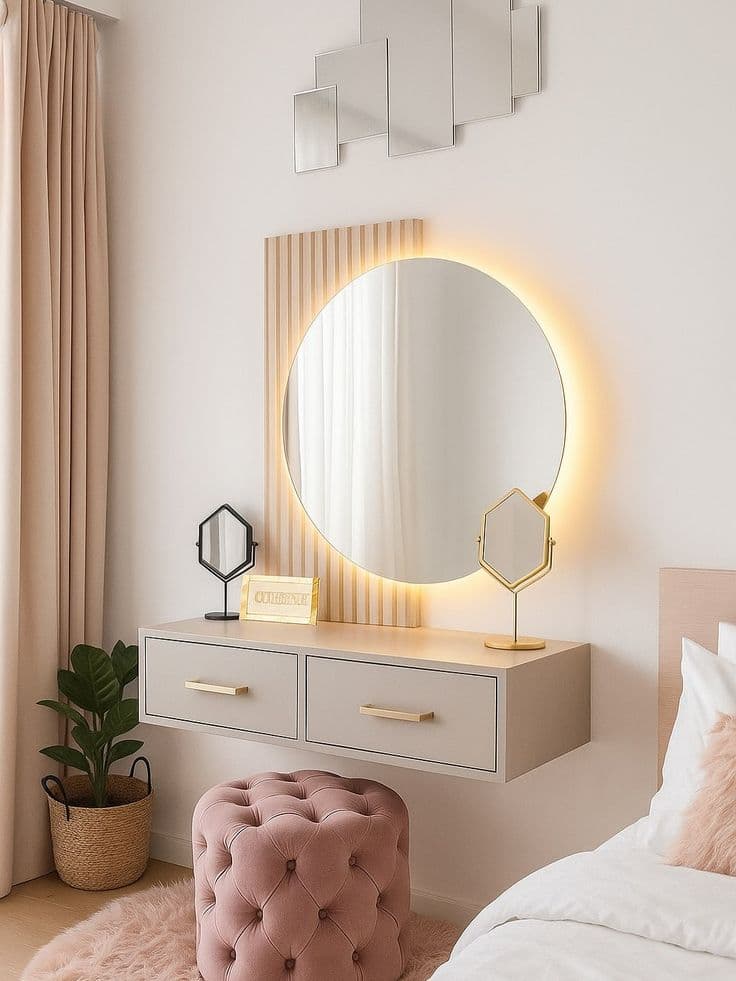 تسريحة حائط مع مرآة مضيئة